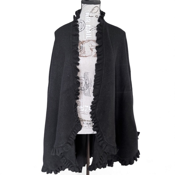 Black 100% Cashmere Ruffle-Trim Open Cardigan / Cape Wrap - Picture 1 of 3